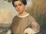 tableau représentant un jeune garçon avec un panier de fleurs dans un champ