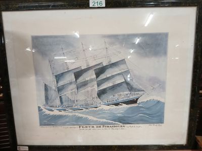 painting of a ship in a frame on a shelf in a room