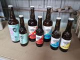 Plusieurs bouteilles de bière sont alignées sur un comptoir
