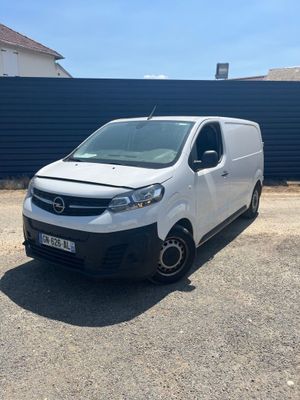 une camionnette blanche garée devant une clôture bleue