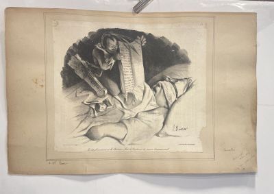 an old book with a drawing of a man holding a sword