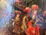 a painting of a man riding a horse with a bunch of people on it