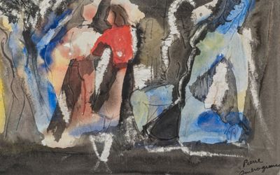 un tableau représentant une femme debout devant un groupe d'arbres