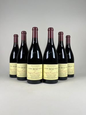 six bouteilles de vin rouge alignées
