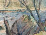 a watercolor painting of a boat on the water