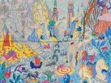 une image représentant une peinture colorée d'une ville peuplée de nombreux animaux