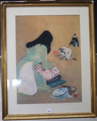 tableau représentant une femme assise par terre à côté d'un bol de nourriture