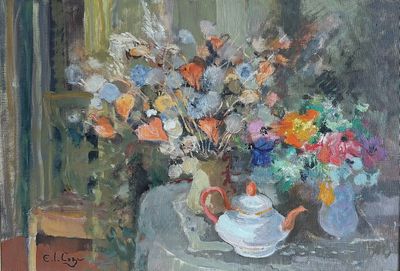 une peinture représentant un vase de fleurs sur une table