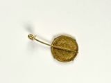 a gold brooch on a white surface