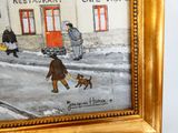 un tableau représentant un homme qui promène son chien dans la rue