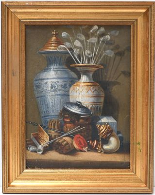 a painting of a painting of a vase with flowers in it
