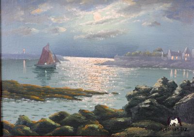 une peinture représentant un voilier sur l'eau, près du rivage