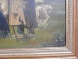 a painting of two women and a dog in a field