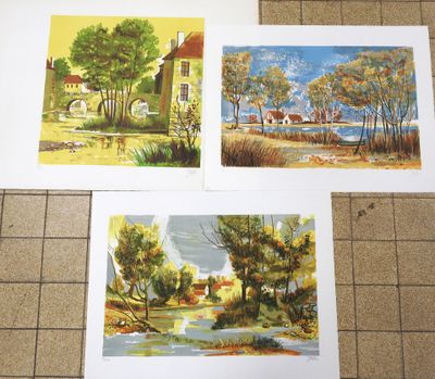 three paintings of different landscapes on the floor