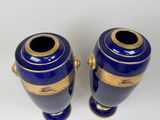 two blue vases with gold designs on them