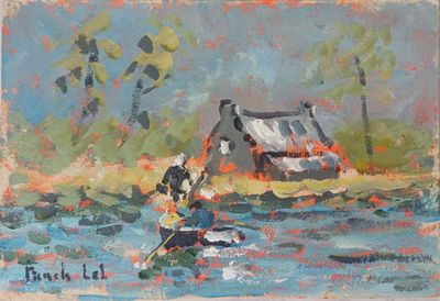 un tableau représentant une personne dans un bateau sur l'eau