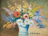 a painting of flowers in a vase on a table