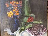 painting of a still life of flowers and a vase on a table