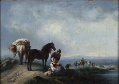 un tableau représentant un homme et une femme assis sur une colline, à côté d'un cheval