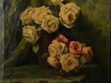 a painting of roses in a vase on a table