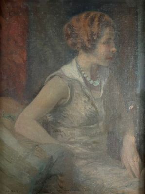 painting of a woman in a white dress sitting on a chair