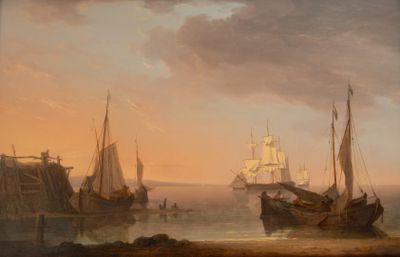 un tableau représentant des bateaux sur un plan d'eau près du rivage