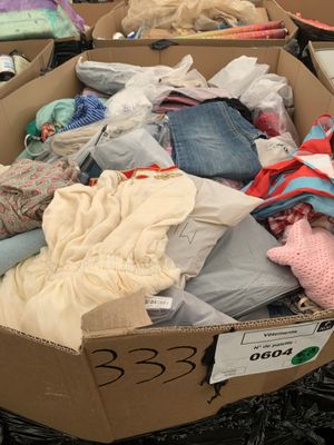 une boîte en carton remplie de vêtements posée par terre