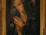 an old painting of a woman holding a rosary in her hands