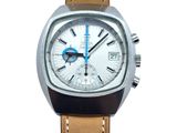 a silver watch with a blue second hand on a tan leather strap