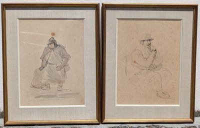 deux dessins encadrés représentant un homme et une femme assis sur un banc
