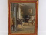un tableau représentant un salon avec un piano dans un coin