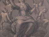 an old picture of a woman sitting on a cloud with angels around her