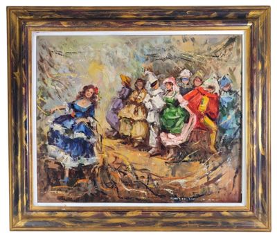 une peinture à l'huile représentant un groupe de personnes assises autour d'une table