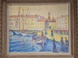 une image représentant un tableau montrant des personnes à bord d'un bateau dans un port