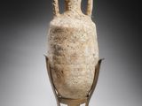 an image of a vase on a stand on a gray background