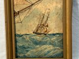 painting of a sailing ship in rough water with a sailboat in the foreground