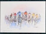 a painting of a group of people riding horses