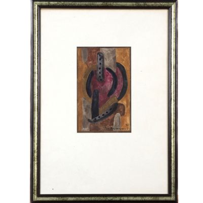 une peinture abstraite représentant un objet rouge et noir dans un cadre doré