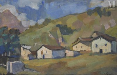an oil painting of a small village on a hill in the country