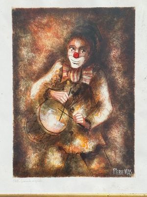 tableau représentant un clown avec un tambour et un chat
