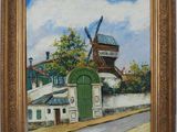 an oil painting of a windmill and a building on a hill