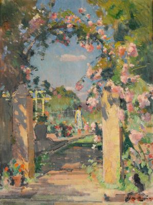 un tableau représentant un jardin avec des fleurs et un portail
