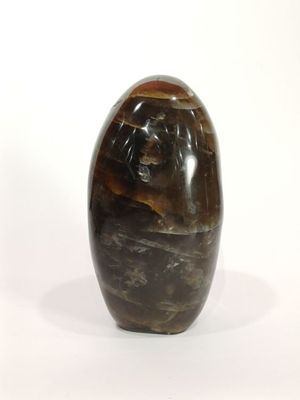 une image représentant un vase en pierre marron et noir posé sur une surface blanche