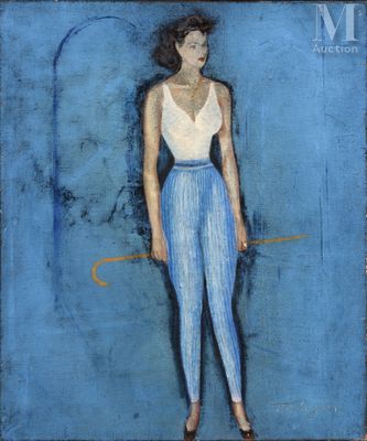 an image of a painting of a woman in a white top and blue pants