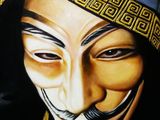 a painting of a guy wearing a mask with a mustache
