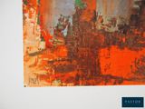 abstract painting of rusted paint on a white wall with a blue border