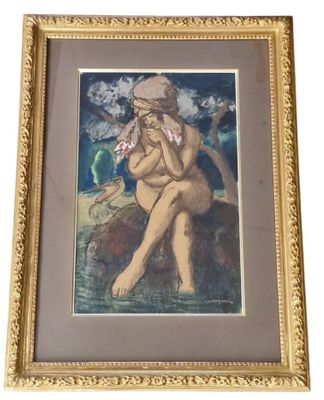 tableau représentant une femme nue assise sur un rocher, une fleur à la main