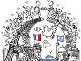 un dessin représentant la tour Eiffel à Paris, avec la tour Eiffel en arrière-plan