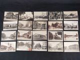 several old black and white photographs of buildings and buildings on a black background