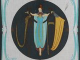 an image of a picture of a woman in a blue dress holding a harp